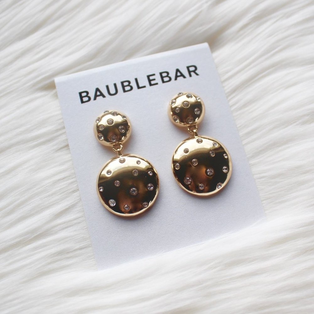 NWT BaubleBar Gold Round Drop Earrings with Crystals Sparkly Circular Valentines
